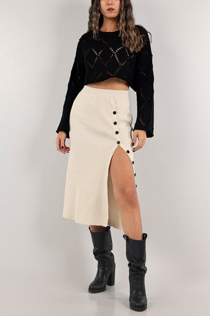 Ribgebreide Midi Rok met Knopen (Button Skirt) Wit 101201